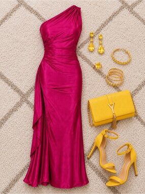 OYS One-Shoulder Satin Maxi Dress – Fuschia| Size Small NWOT